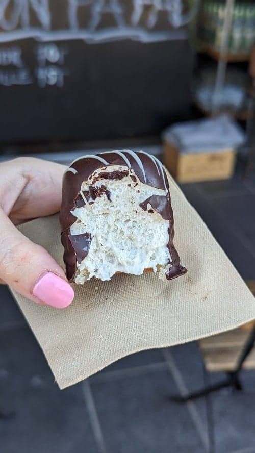 the inside of a a vegan marshmallow chocolate from glean chocolate shop in copenhagen 
