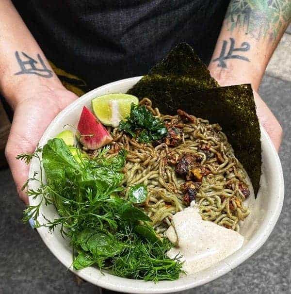 a bowl of vegan noodles with kelp and sea veggies at los loosers in mexico city