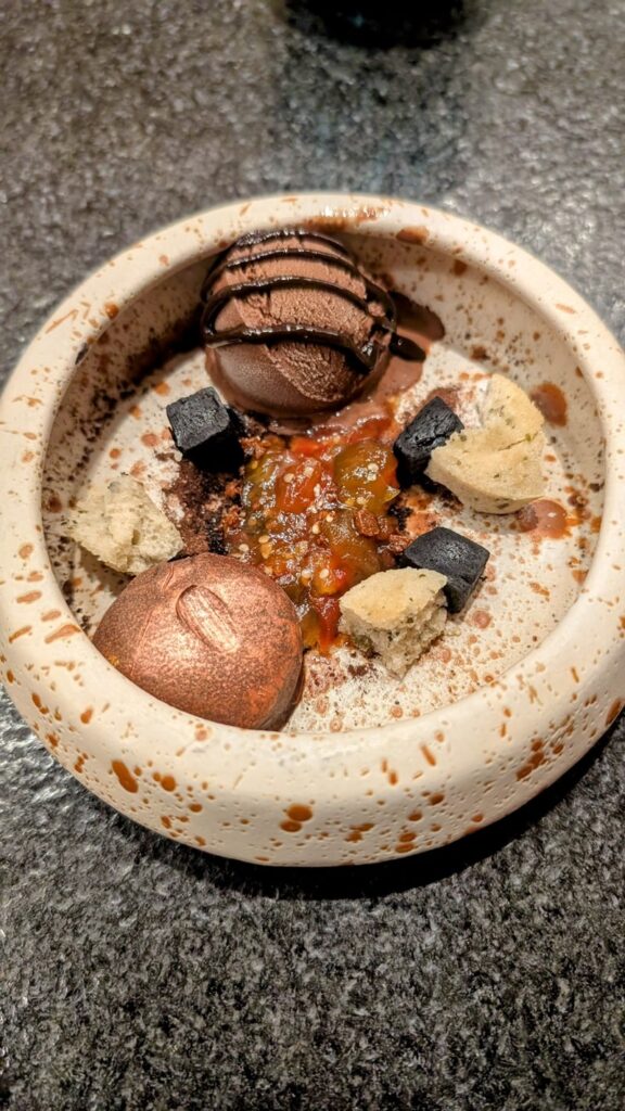 a small round off white colored bowl with a unique vegan mole mixture with cacao, a scoop of chocolate icecream and a spicy mix