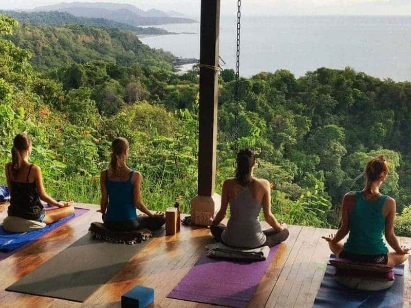 four people with their back to the camera holding a seating yoga pose while over looking the lush rainforest at the vegan-friendly yoga retreat anamaya