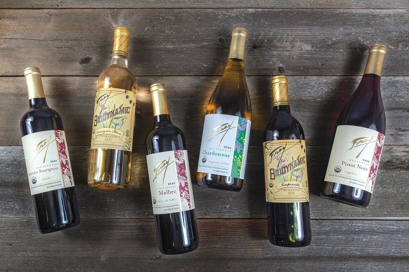 six bottles of vegan red and white wines from frey vineyards in a lineup on a wood table