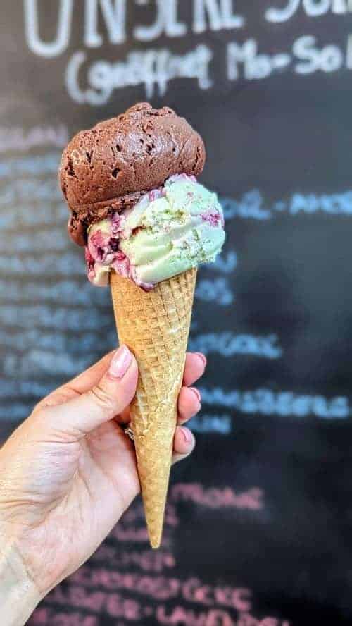 a scoop of vegan dark chocolate and avocado lime with blackberry on a vegan waffle cone at Luicella's Ice Cream in hamburg