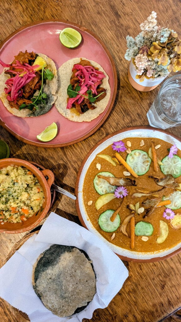 vegan lunch spread with tacos and mole at Na Tlali