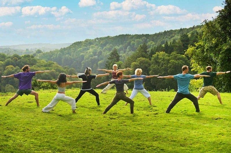 multiple people in a line on a grassy outdoor area holding the same yoga pose during the summer in the uK