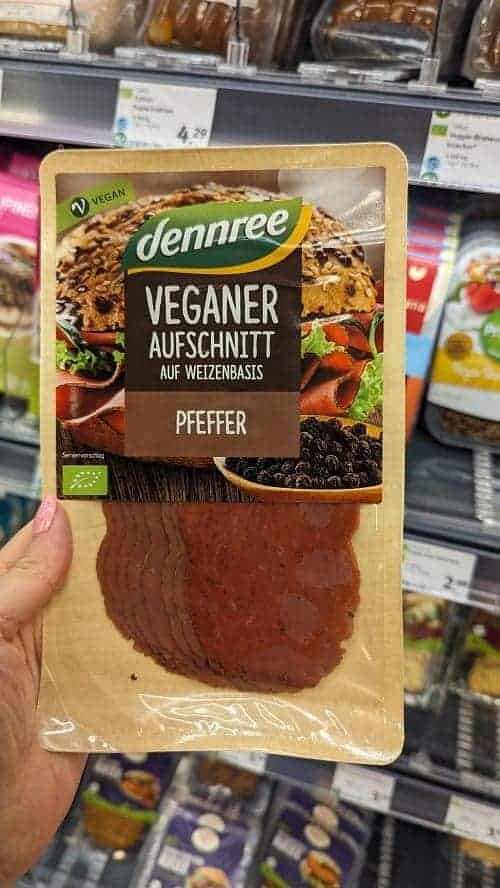 a packed of vegan pepper flavored meat at a grocery shop in hamburg