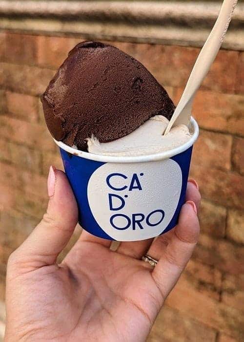 a scoop of vegan hazelnut and dark chocolate gelato in a white and blue cup in venice italy