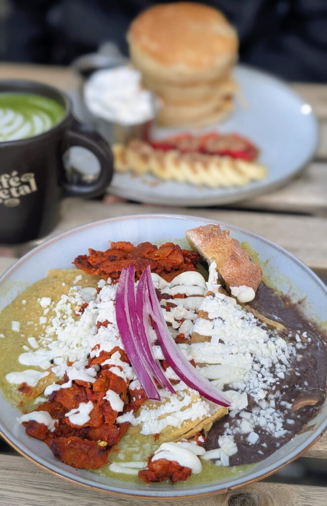 a bowl of vegan chilaquiles topped with cheese and spicy tofu at cafe vegetal in cdmx