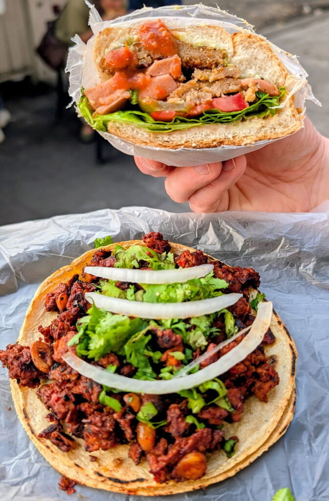 vegan torta above a vegan chorizo taco at gatorta in cdmx