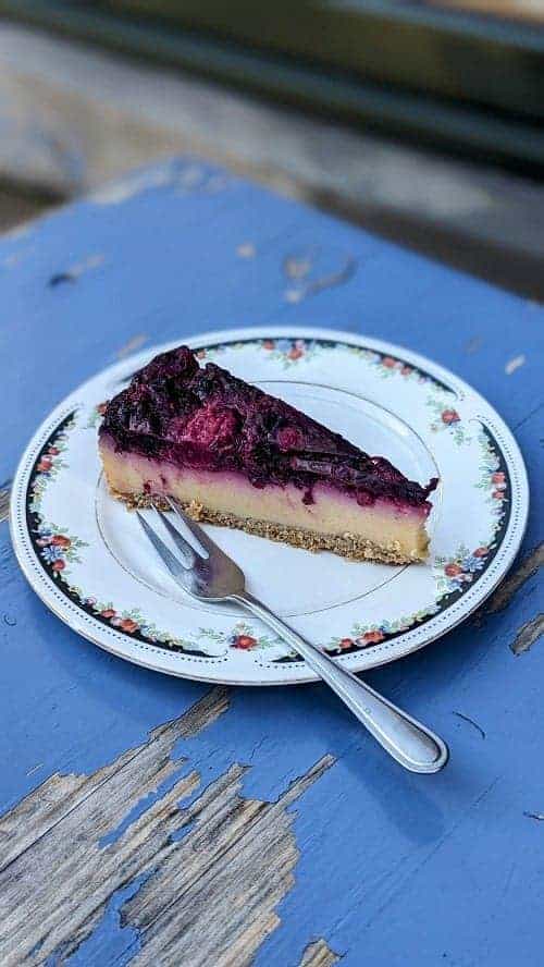 a vegan berry topped cheesecake on a white plate sitting on a blue picnic table at nasch in hamburg