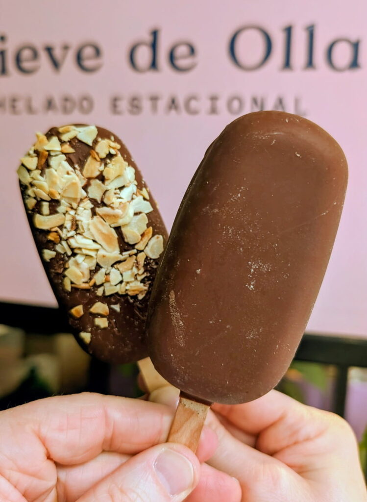 two chocolate covered vegan ice cream bars from nieve de olla