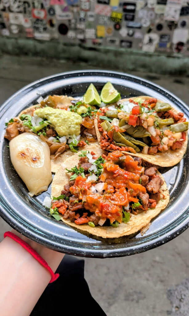 plate of three vegan tacos on the street of mexico city