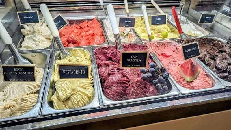 a display of colorful vegan gelato and sorbet at a gelateria in florence