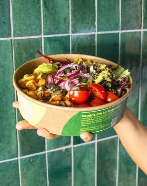 a colorful vegan salad bowl in a brown and green bowl in front of a green tiled wall at ra juices and bowls in hamburg