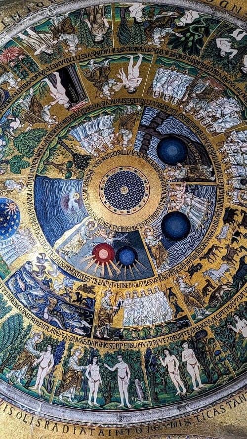 close up of the intricately designed and colorful tile mosaic dome in st marks