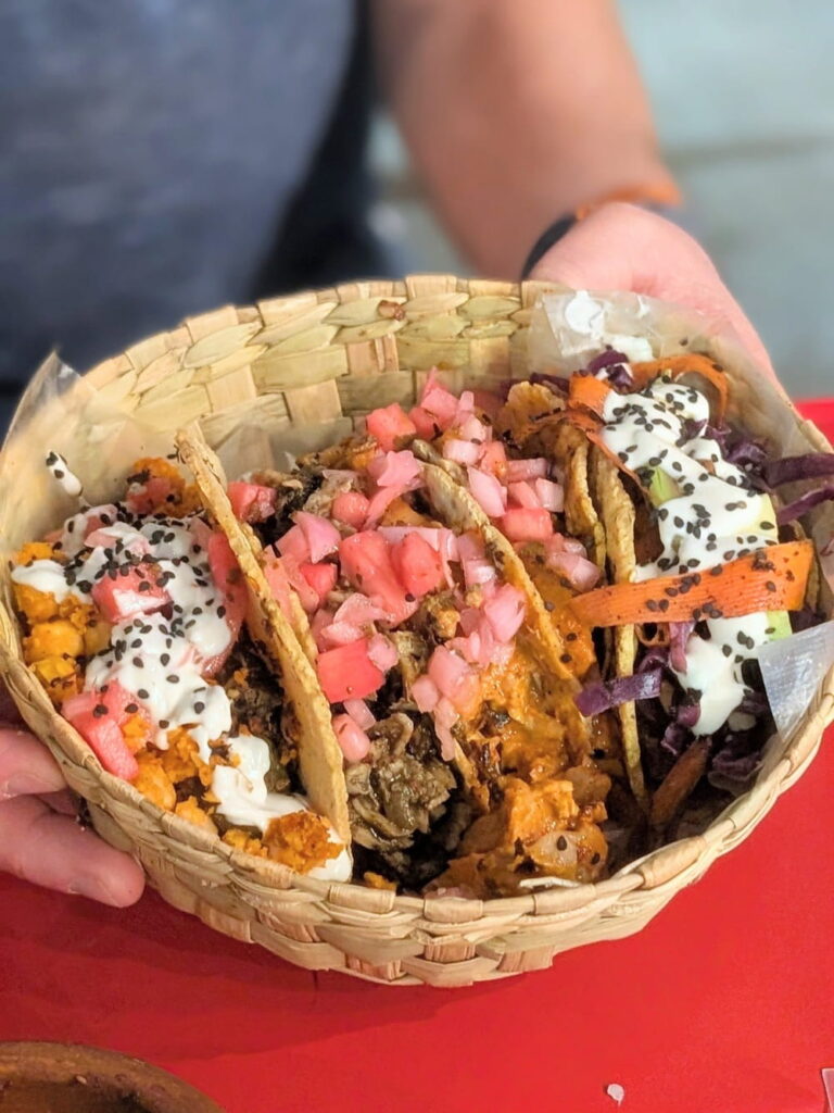 basket filled with five colorful vegan tacos from taco santo