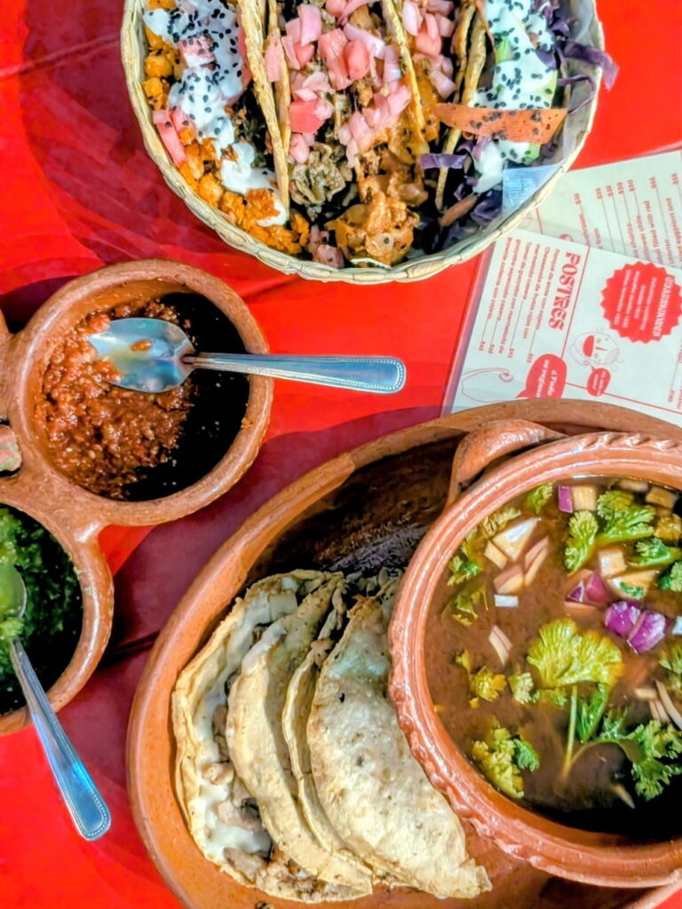 vegan birria tacos and a basket of colorful vegan tacos at taco santo in CDMX