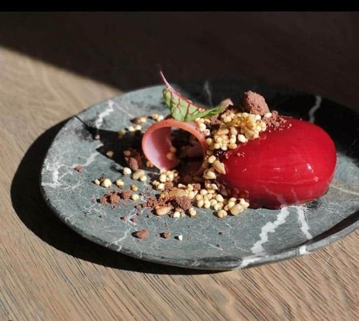beautiful bright pink sorbet surrounded by crushed nuts partially in the shade on a wood table at tian in vienna