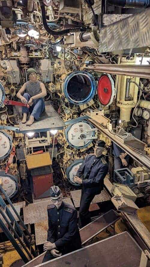 inside of the cramped soviet submarine/u boot museum in hamburg