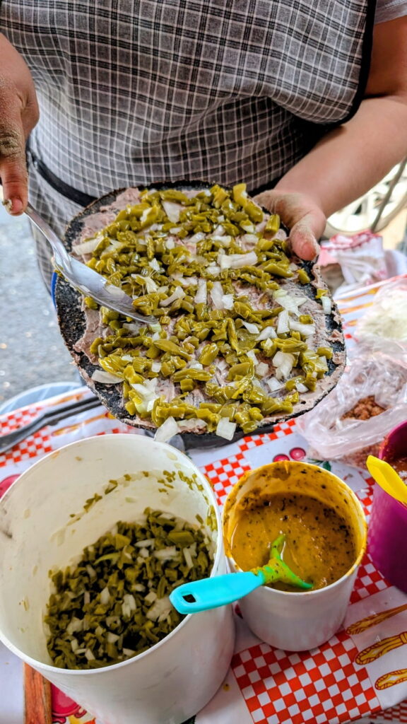 large crispy blue corn tortilla topped with beans and cactus