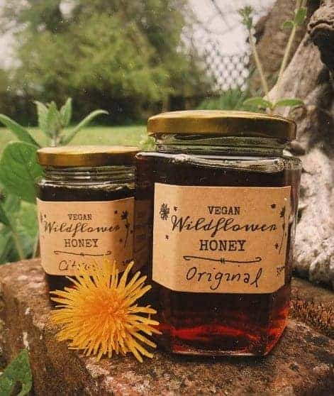 two jars of amber vegan honey on a wood table next to a yellow flower