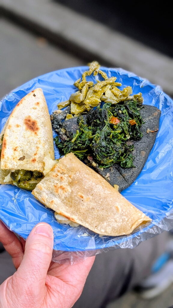 small blue plate with veganized mexican street food dishes during a vegan food tour in mexico city