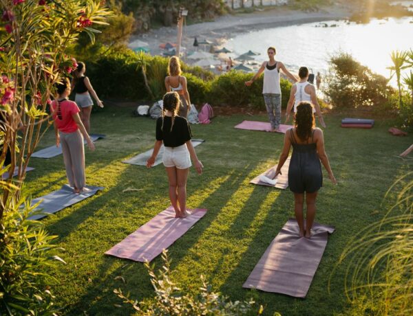 six people with their back to the camera overlooking a beach and lush jungle area doing yoga at sunset