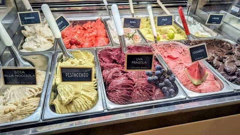 a display case filled with brightly colored vegan gelato flavors at perche no in florence