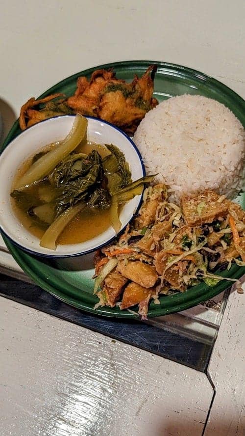 vegan thai and burmese salads and rice on a green plate at free bird cafe in chiang mai