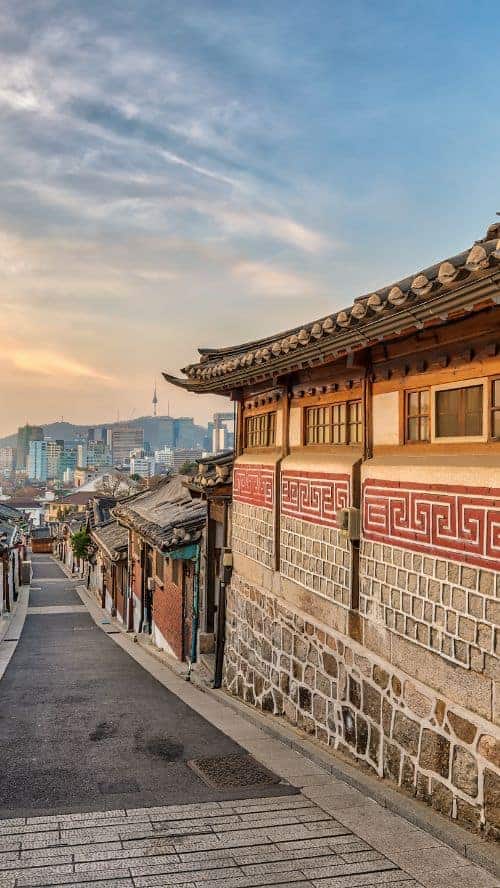 view of the seoul skyline from the hanok village