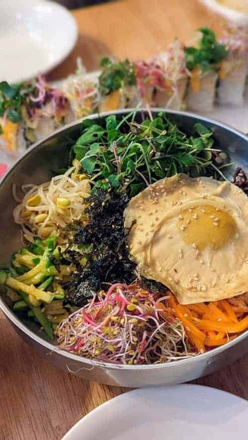 vegan bibimpab bowl with an egg 