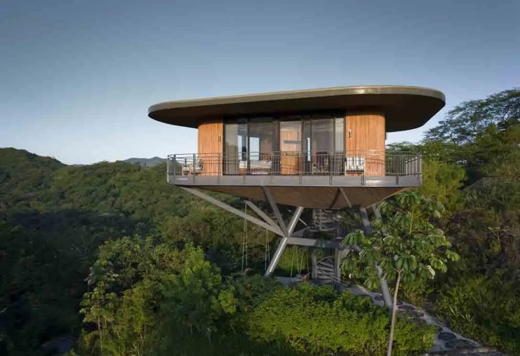a treehouse guest suite perched above the lush green rain forest in costa rica