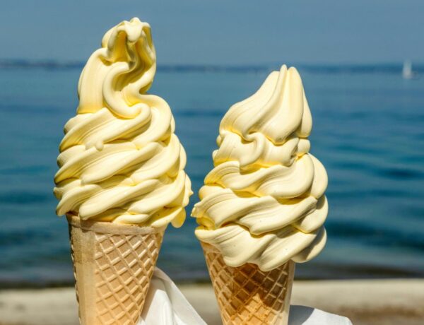 two vegan ice cream cones with a light yellow colored soft serve held in front of a lake