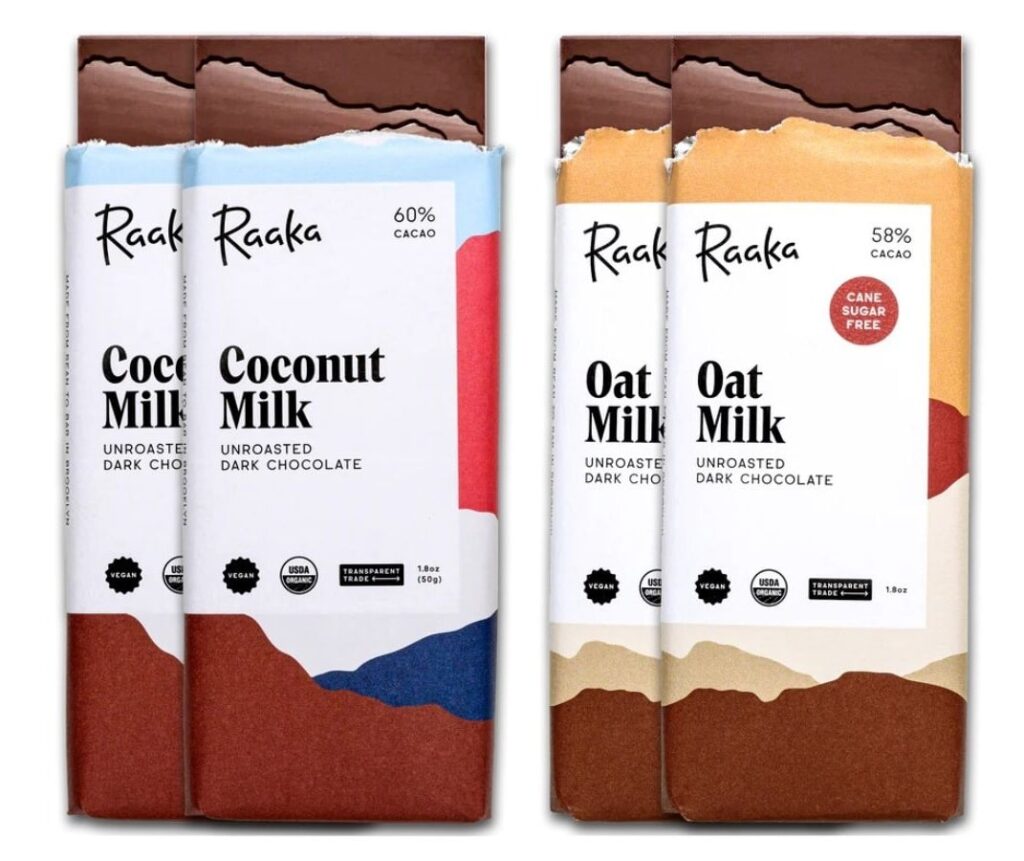 raaka chocolate's vegan oat and coconut milk chocolate bars on white background