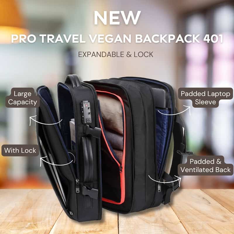 vegan backpack with multiple pockets, locks, and expandable design from doshi