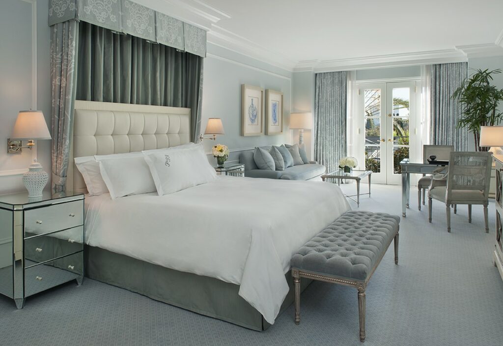 inside of a sophisticated guest room with neutral colors at the four seasons beverly hills