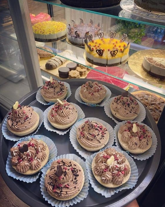 a tray of mini vegan desserts topped with swirls of chocolate buttercream held in front of a large dessert case