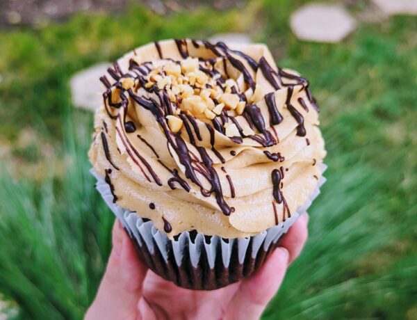 vegan chocolate cupcake topped with a peanut butter butter cream swirl and topped with a drizzle of chocolate and chopped peanuts
