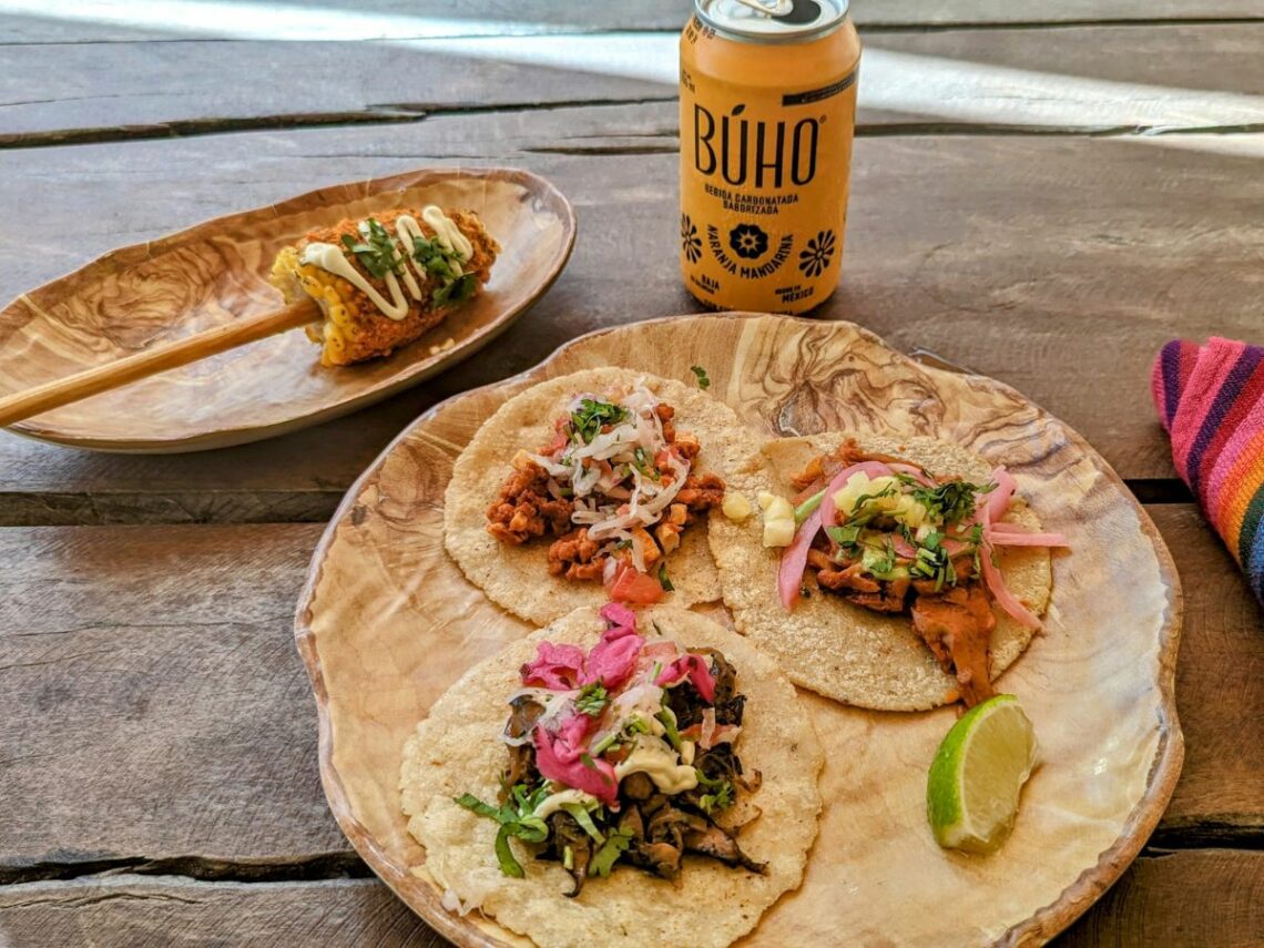 spread out on a table is a platter with three vegan tacos and half a cob of vegan elote next to a sparkling drink