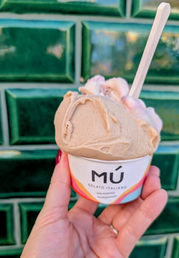 a scoop of peanut butter and jelly vegan gelato at uao in lisbon