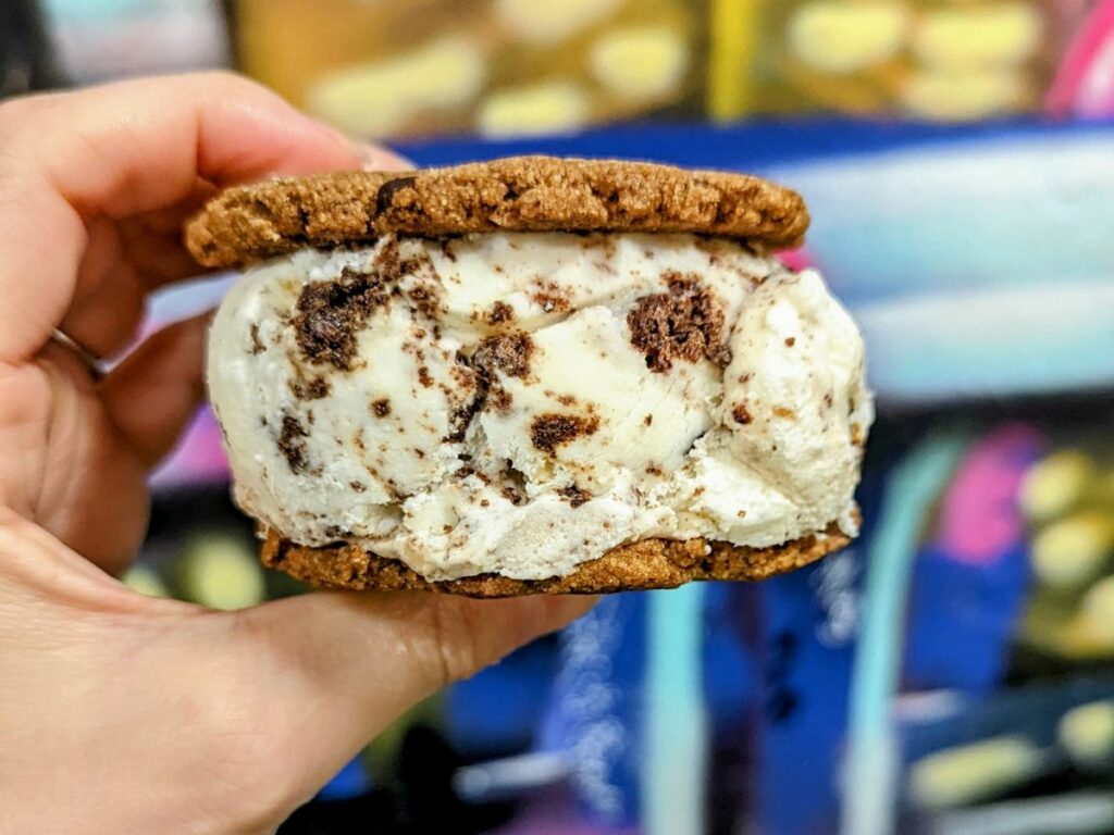 a large vegan chocolate chip cookie ice cream sandwich held in front of a colorful wall in miami