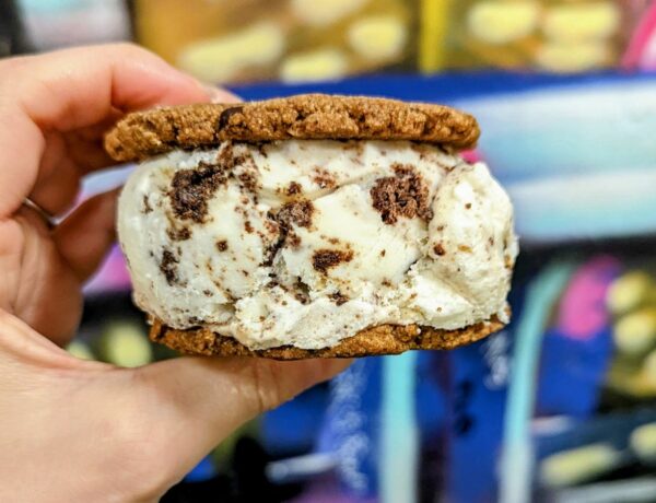 a large vegan chocolate chip cookie ice cream sandwich held in front of a colorful wall in miami