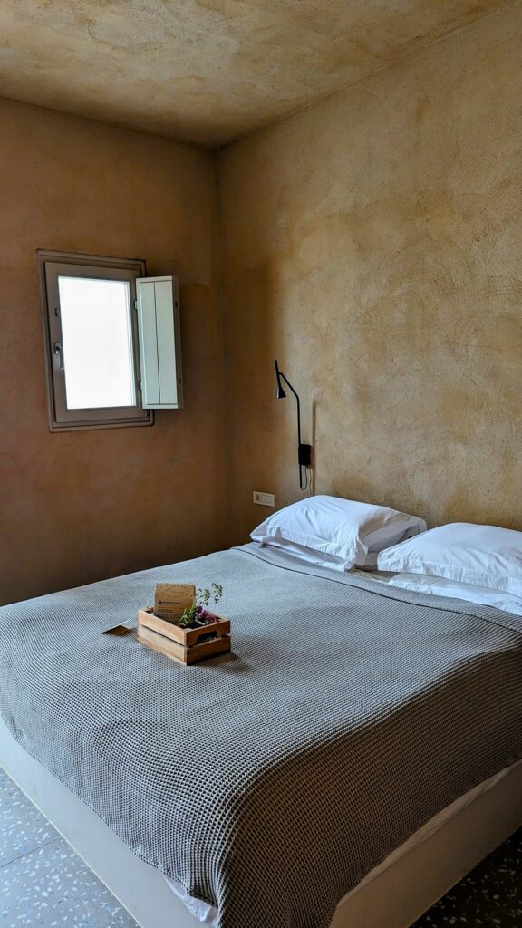 a single king bed inside of a room at the modern ethos vegan suites in fira santorini