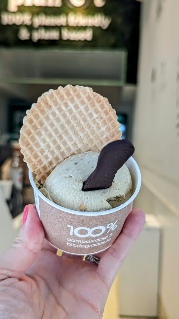 a scoop of vegan hazelnut ice cream with a wafer cookie at the vegan ice cream shop planet ice cream in athens