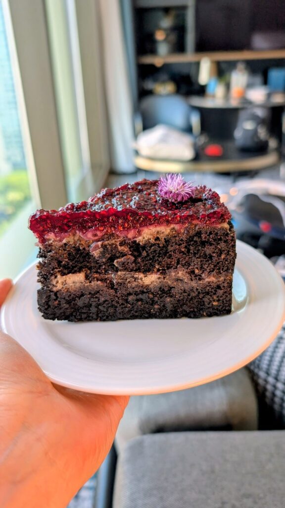 a single slice of dark chocolate cake with raspberry filling on a white plate in bangkok