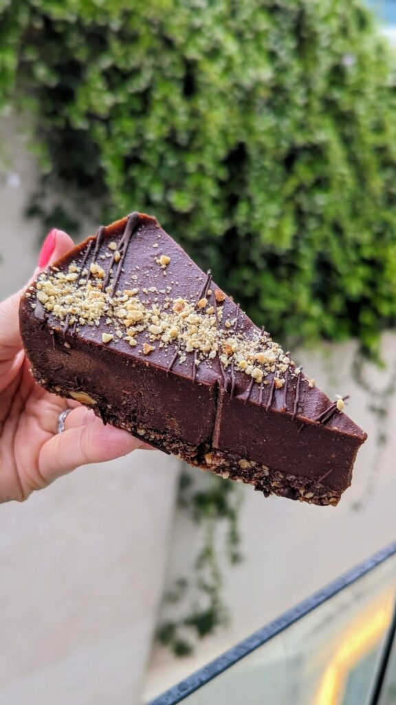a single slice of dark chocolate cheese cake held in front of greenery in athens greece