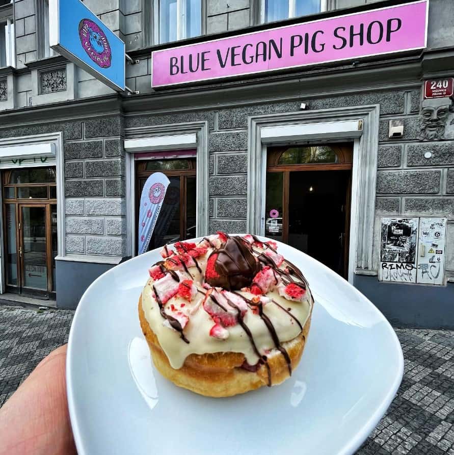 vegan donut topped with chocolate and berries in front of blue vegan pig in prague