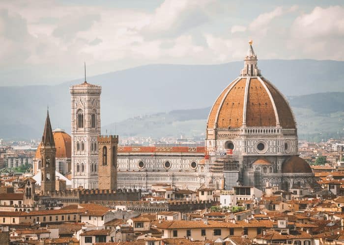 overhead view of the duomo in florence on a partly cloudy day