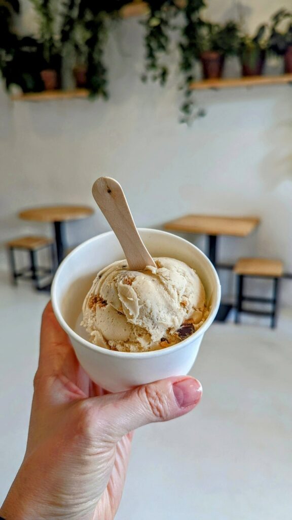 a single scoop of vegan peanut butter ice cream in a white cut held in front of a white wall with greenery at ditto ice cream and waffles in cape town