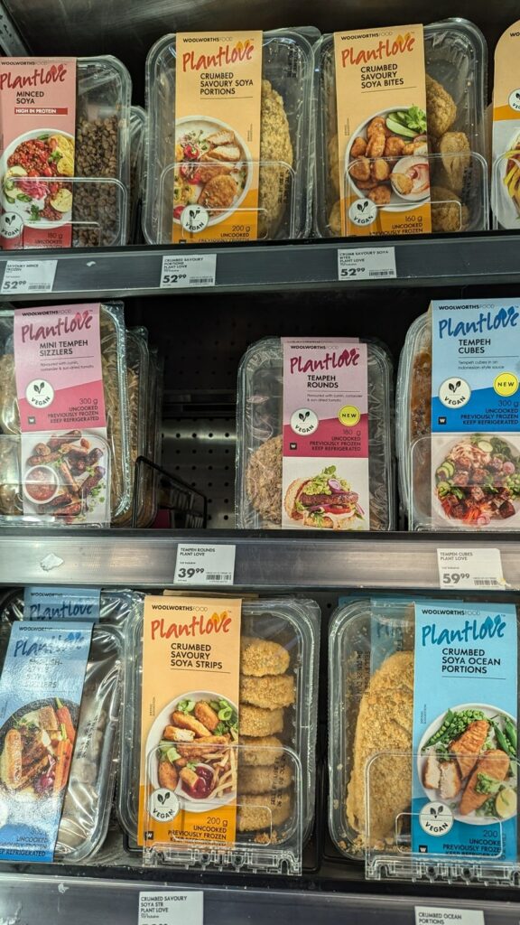 multiple shelves of the plant based product plant love inside of woolworths in cape town