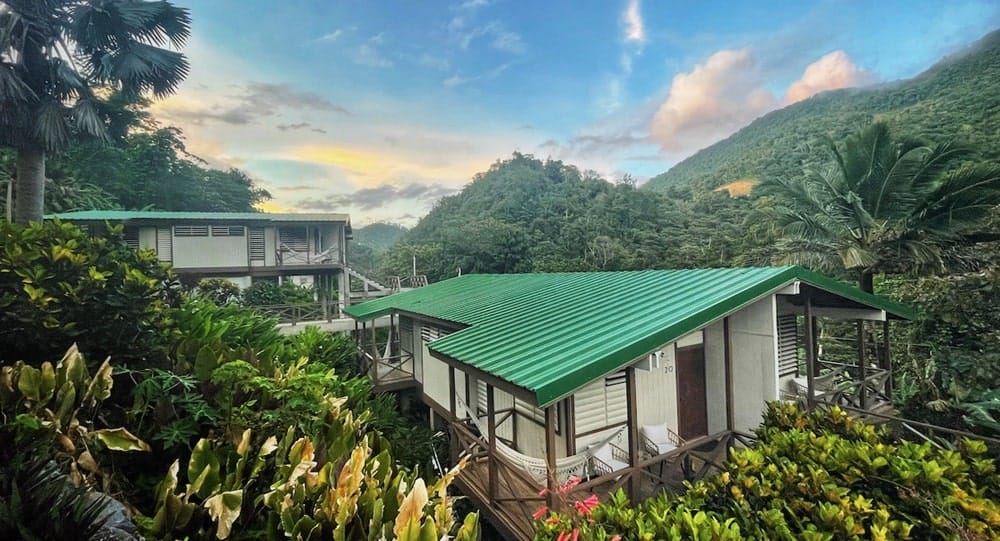 overhead view of the green roofed inn at the casa grande mountain retreat tucked in the puerto rican jungle